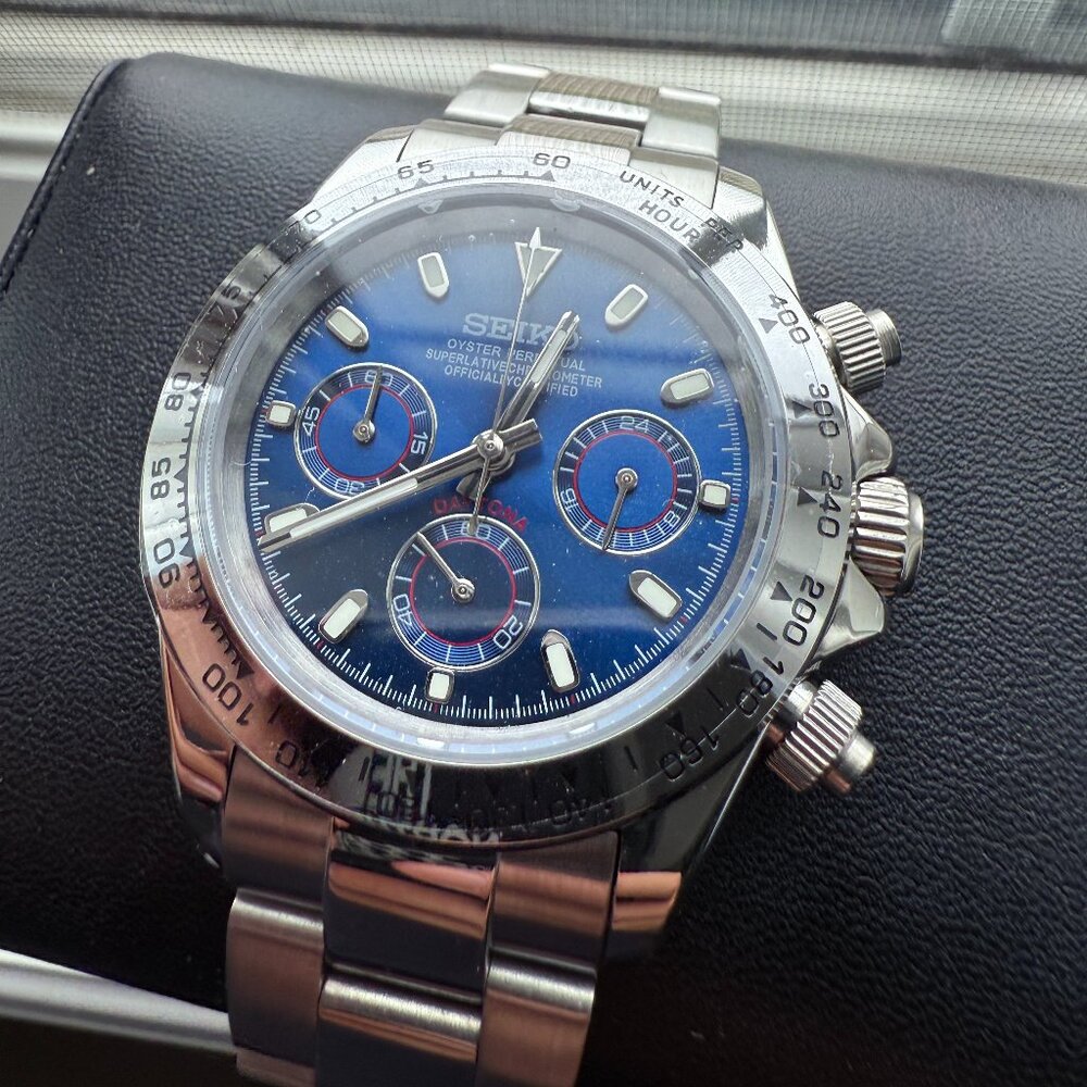 seiko mod custom blue racing dial daytona chronograph watch
